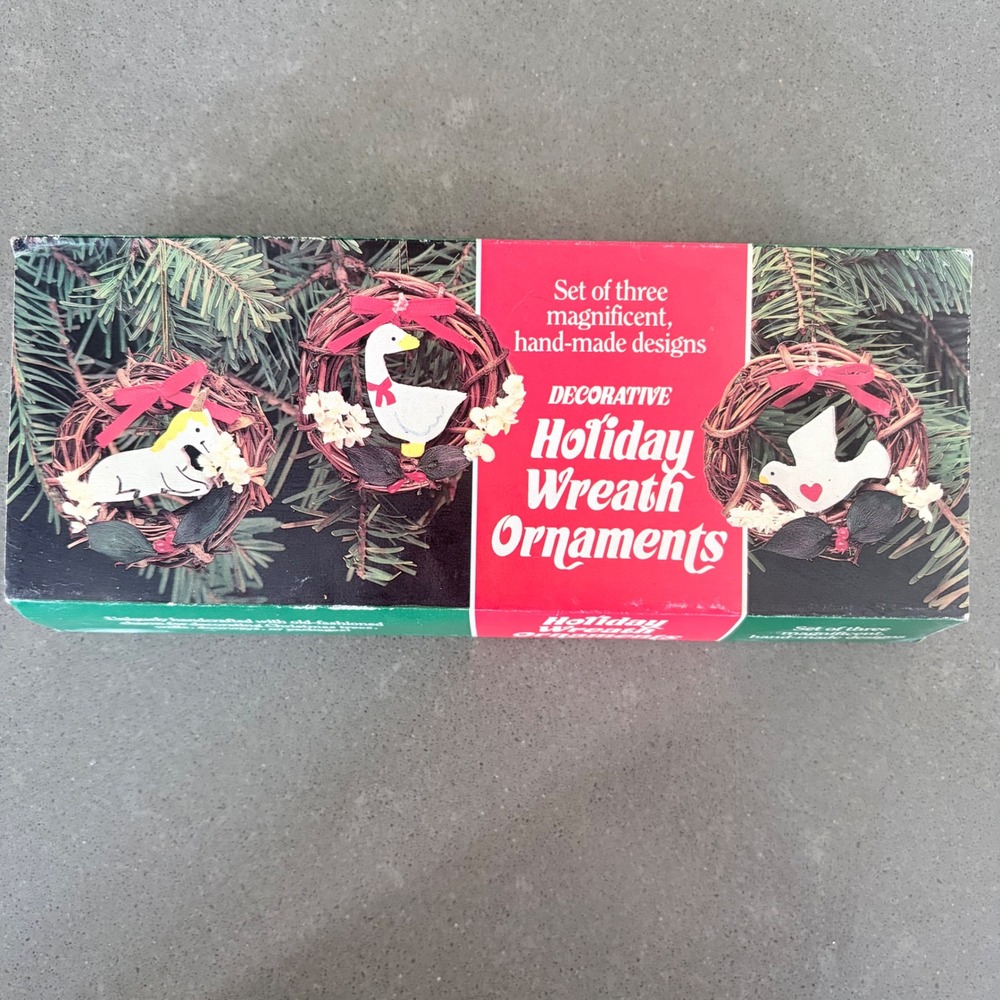 Vintage JSNY Holiday Wreath Ornaments Set 3 Unicorn Goose Bird Grapevine‎ 6077